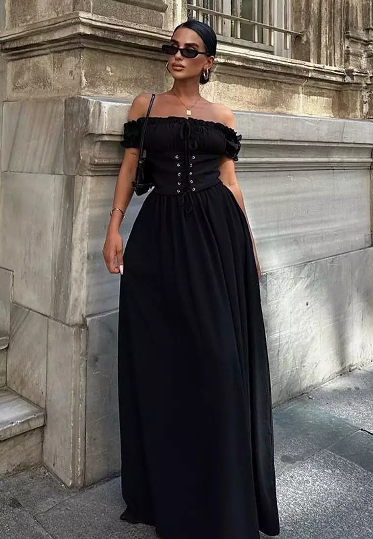 Black A-Line Carmen Neck Corset Look Elegant Evening Night Graduation Dress TPRSS25AE00133