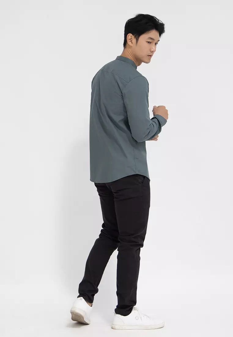 Kemeja tangan panjang Collarless koko cotton oxcon green