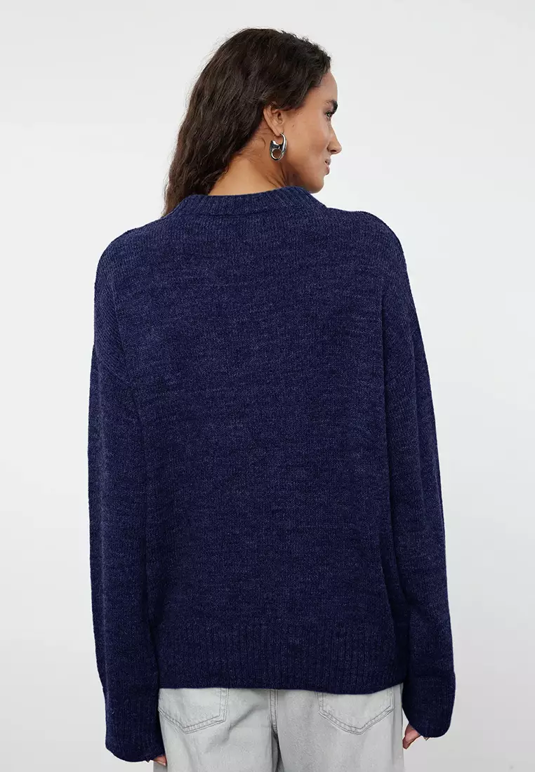 Navy Blue Wide Fit Soft Textured Knitwear Sweater