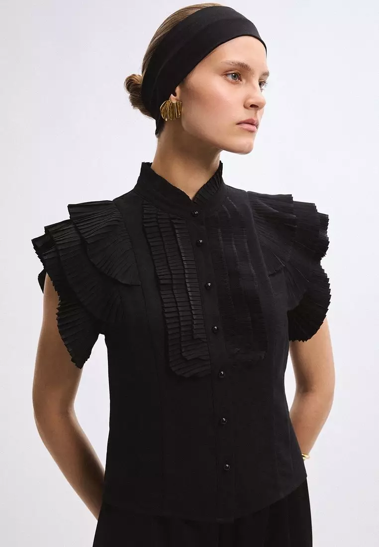 Ruffled Placket Top - Black