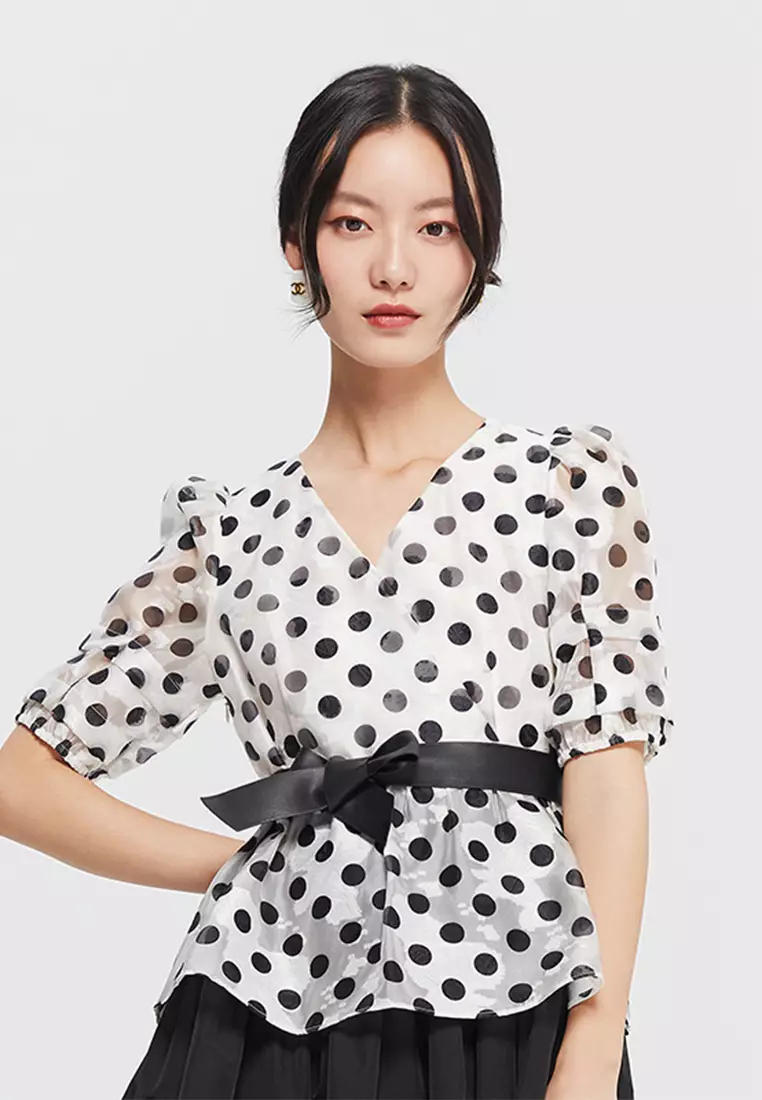 Two Tone Polka Dot Front Wrap Dress with Waist Tie