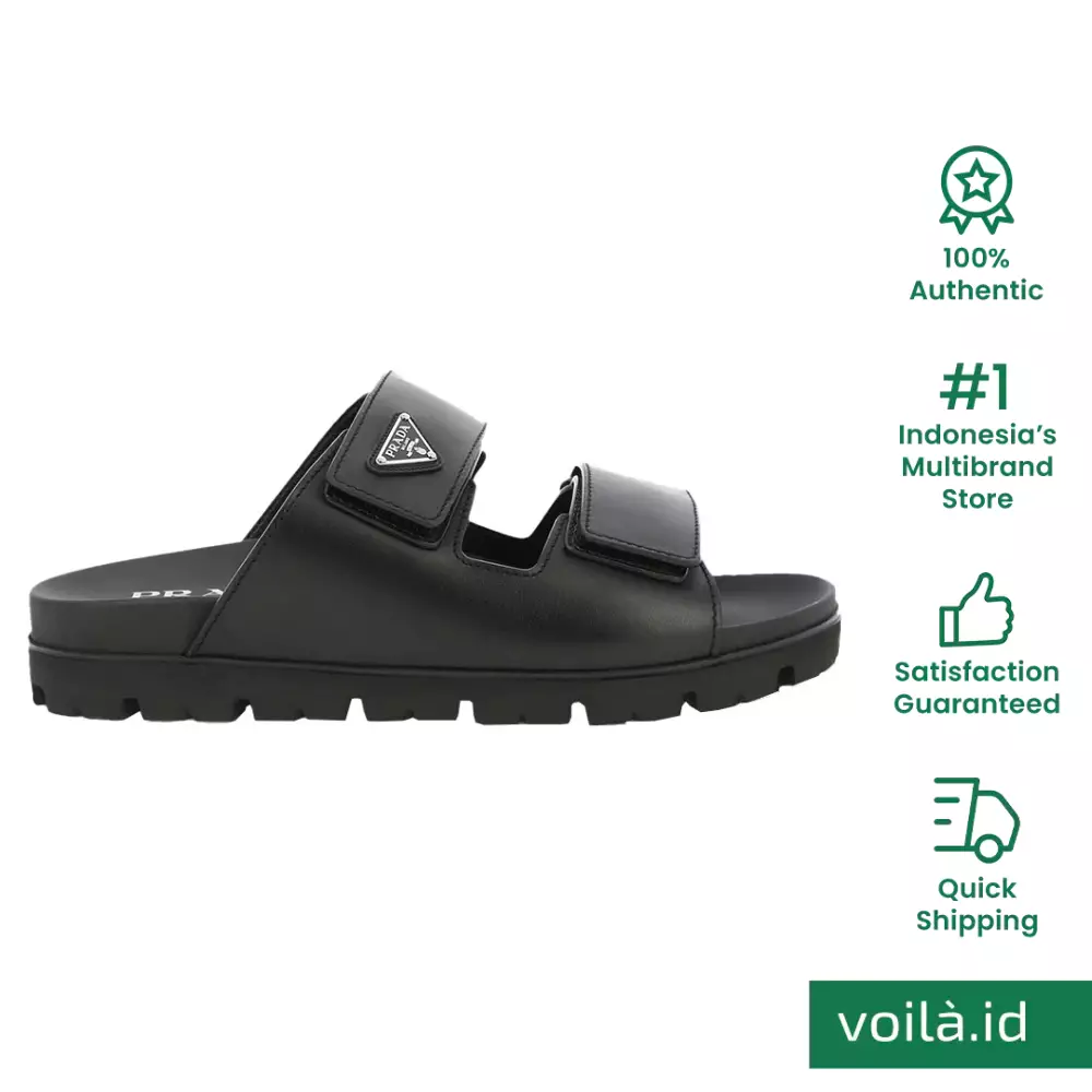 Jual Prada Logo Plaque Leather Slides Black Original 2025 ZALORA