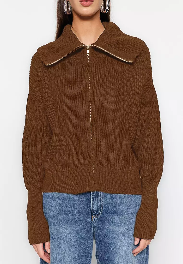 Light Brown Wide Fit Turn Down Collar Zipper Knitwear Cardigan