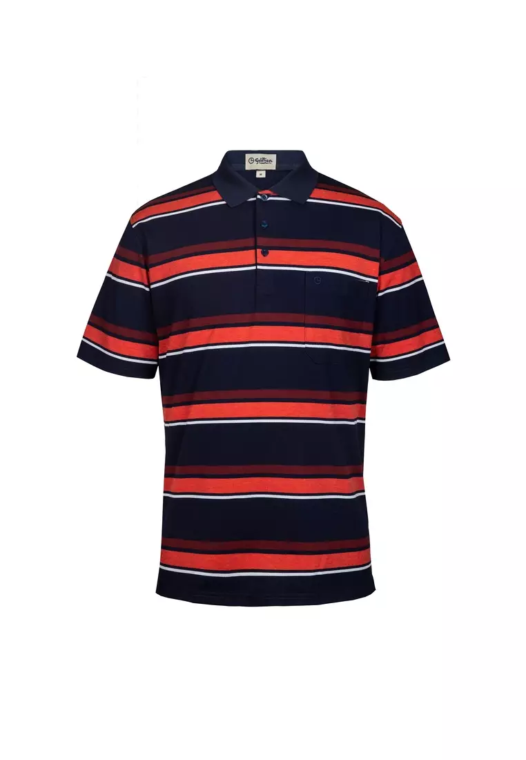 red and navy blue striped polo shirt
