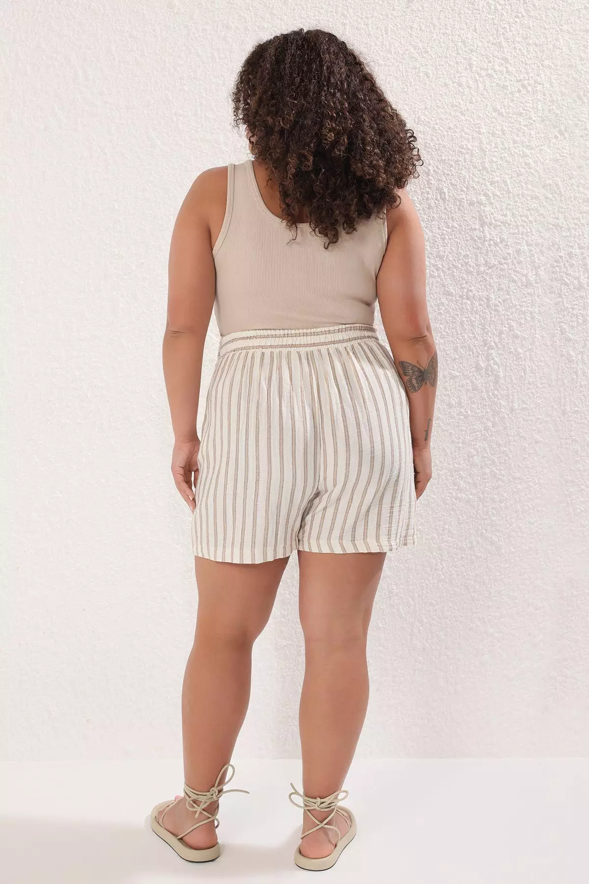 Beige High Waist Linen Look Striped Plus Size Shorts & Bermuda TBBSS25AP00004