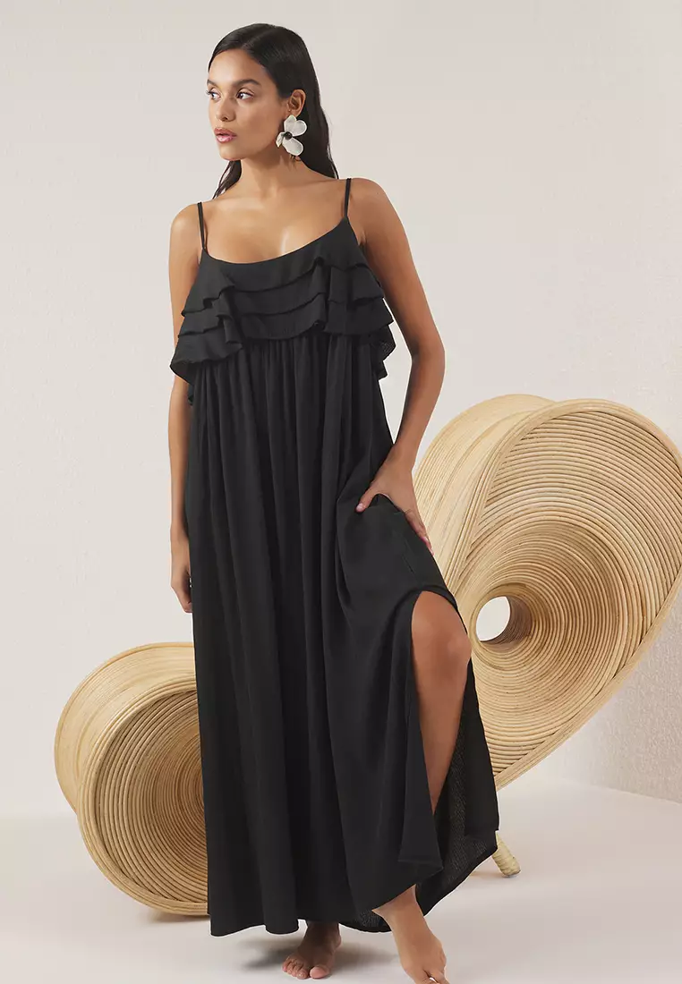 Black Woven Midi Flounces Beach Dress Tbess25El00132