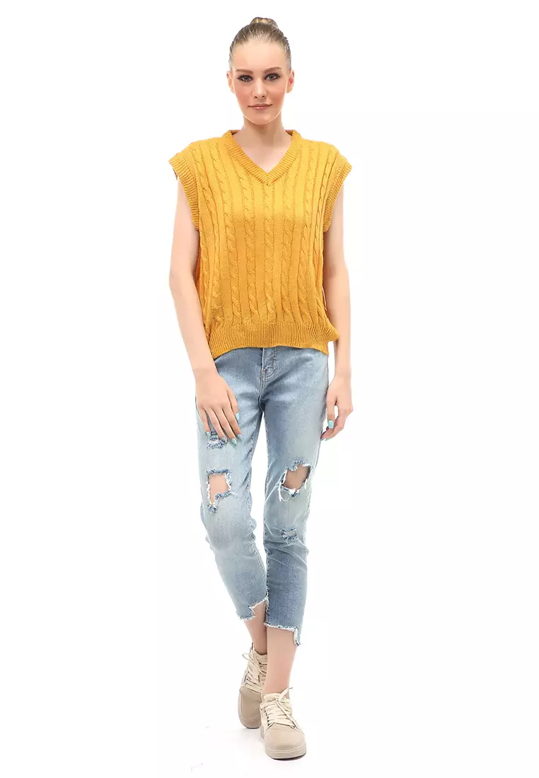 Urice Vest Rajut Atasan Wanita V-neck Sleeves Design Elegant - Mustard