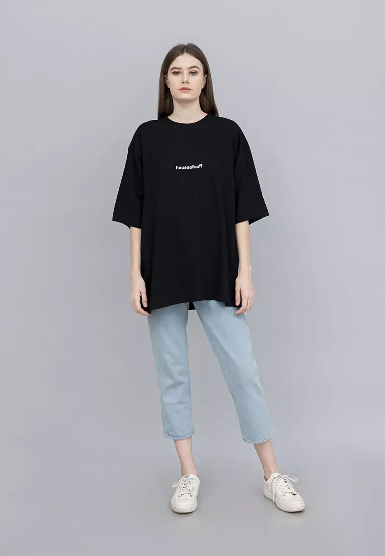 Houseofcuff Kaos Oversized T-shirt Wanita Unisex Tebal Hitam Damaged