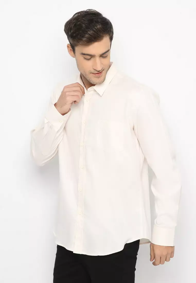 POLICE Kemeja Yarndyed Printing Cream Regular Fit Lengan Panjang Pria