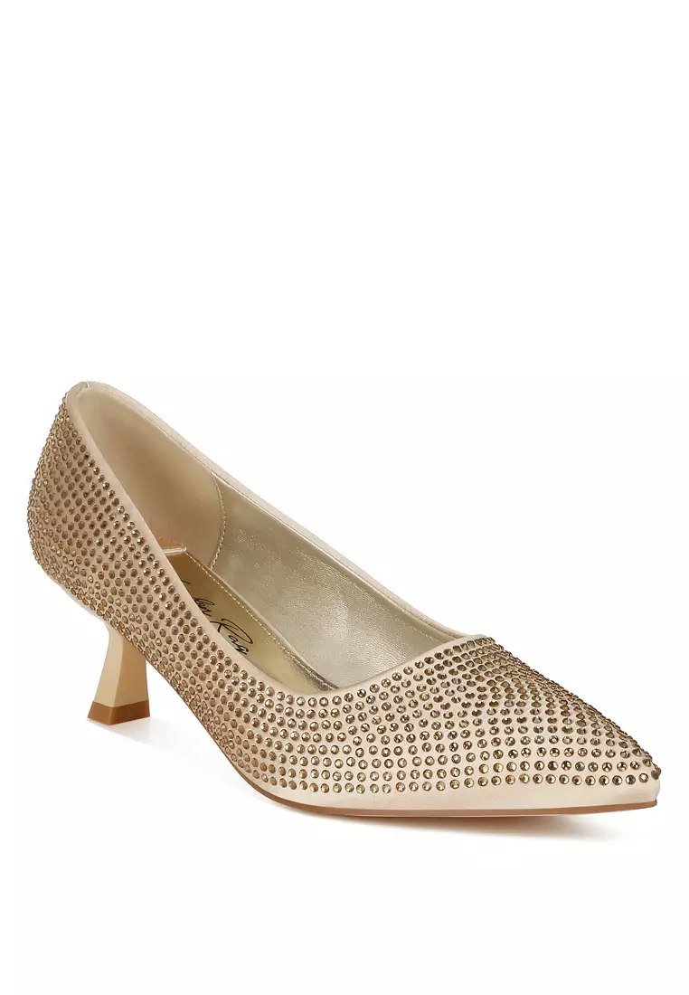 Rhinestones Embellished Kitten Heel Pumps in Gold