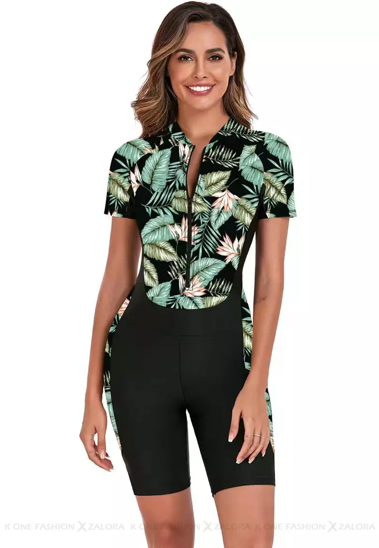 Surf Print Short Sleeve One Piece Swimsuit