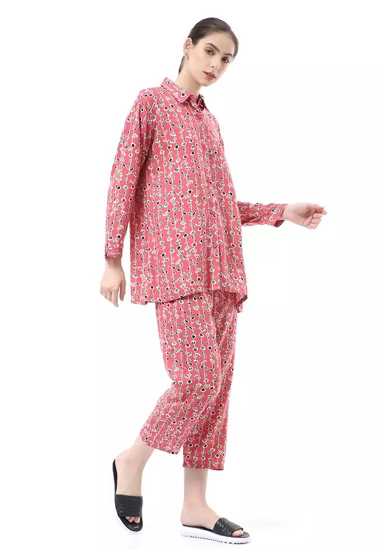 Nayra One Set Setelan Kemeja Wanita Lengan Panjang Motif Tulip Full Kancing Material Rayon ORIGINAL - Pink