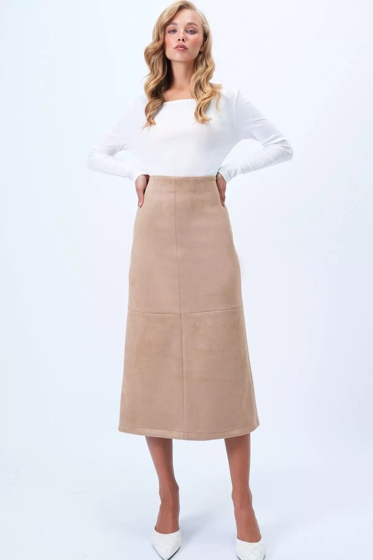 Women's Beige Hidden Zippered Stitch Detailed Faux Suede Maxi Skirt Alc-X14407