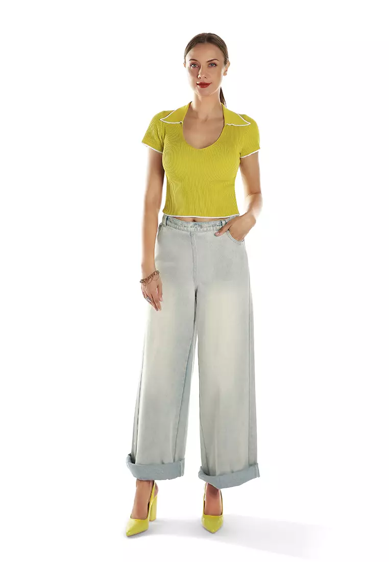 Deep Scoop Neck Polo Tshirt in Pistachio