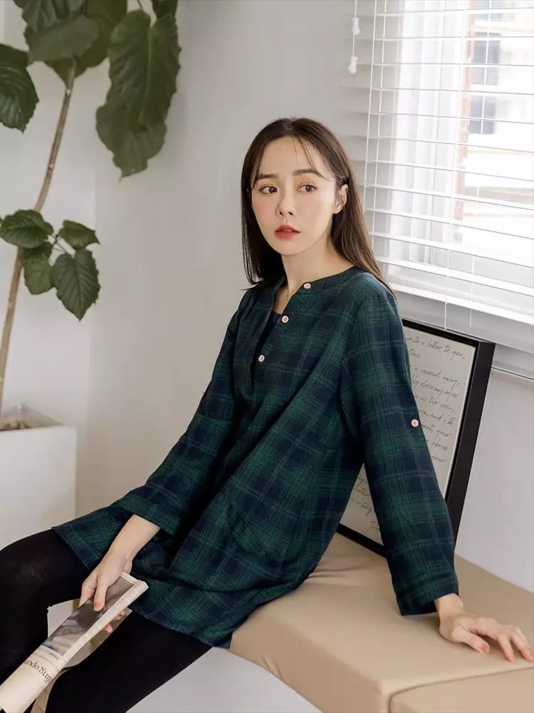 Fake Two-piece Plaid Buttoned Double Pocket Long Top [AB19163]