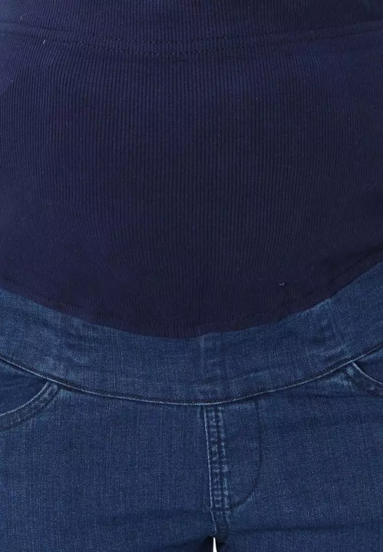 Distress Taped Maternity Denims with Belly Support-Blue