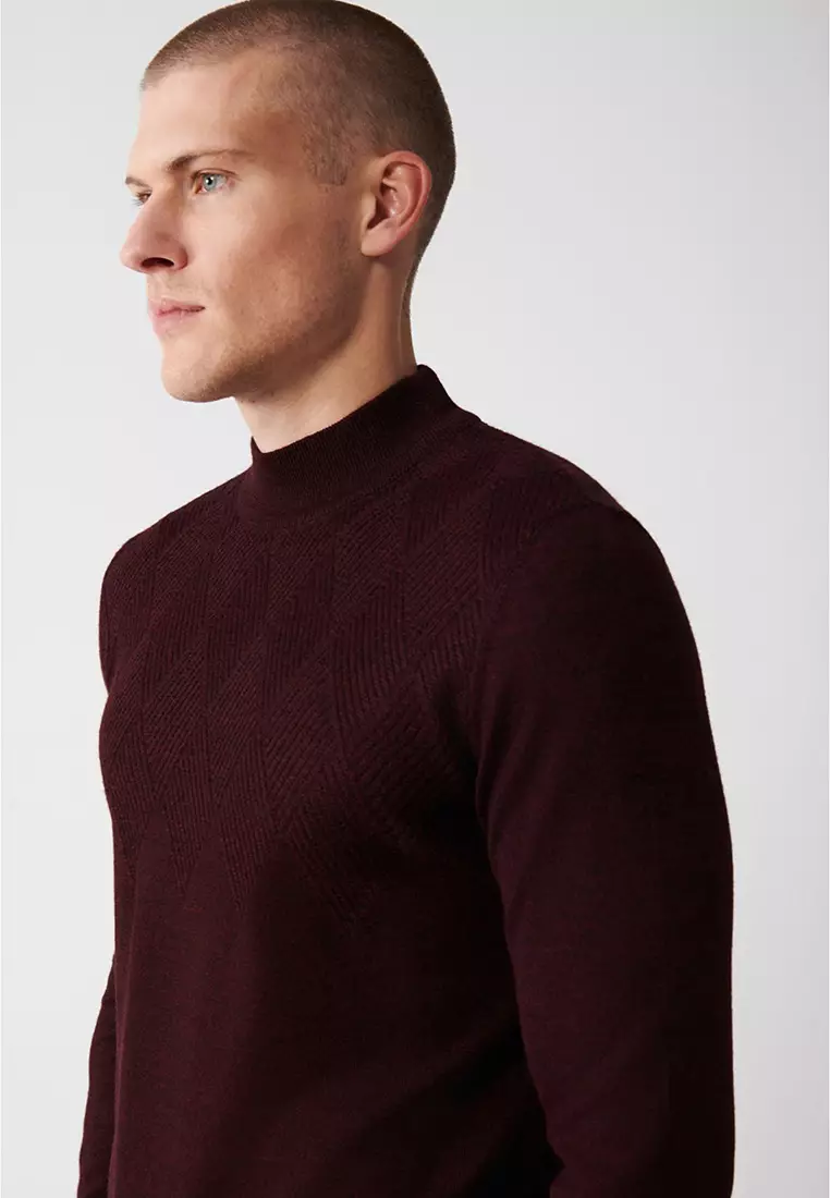 Men's Burgundy Half Turtleneck Wool Blended Front Patterned Knitwear Sweater A32Y5193