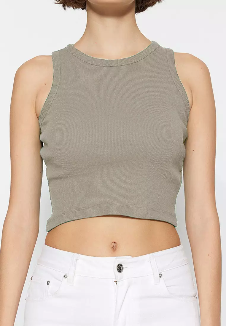 Brown-Stone 2-Pack Crop Halter Neck Ribbed Flexible Knitted Undershirt
