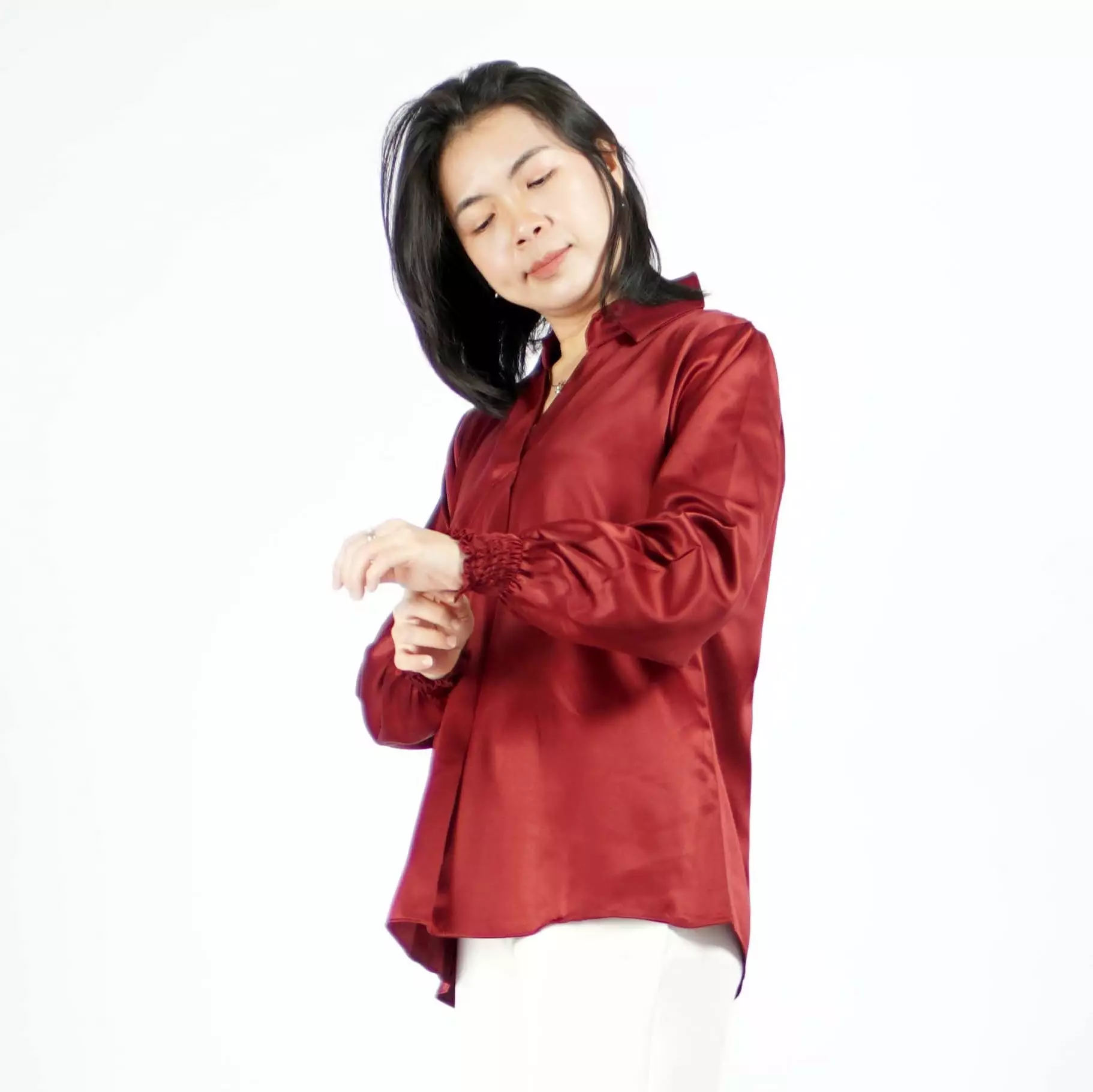  SAFIRE Top Satin Blouse Satin Gaya Korea Blus Elegan Krah V - Marun