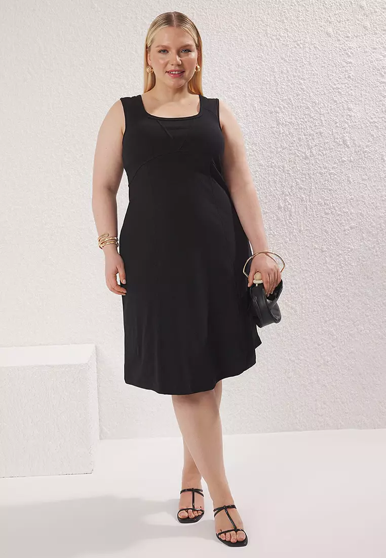 Black Boat Neck A-Line Camisole Knit Plus Size Dress Tbbss25Ah00196