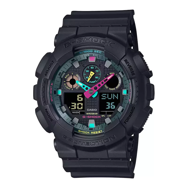 Jam Tangan Pria Casio G-Shock GA-100MF-1ADR Multi-Fluorescent Accents Series Digital Analog Dial Black Resin Band