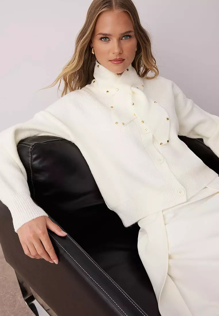 Bone Soft Texture Scarf Wide Fit Knitwear Cardigan