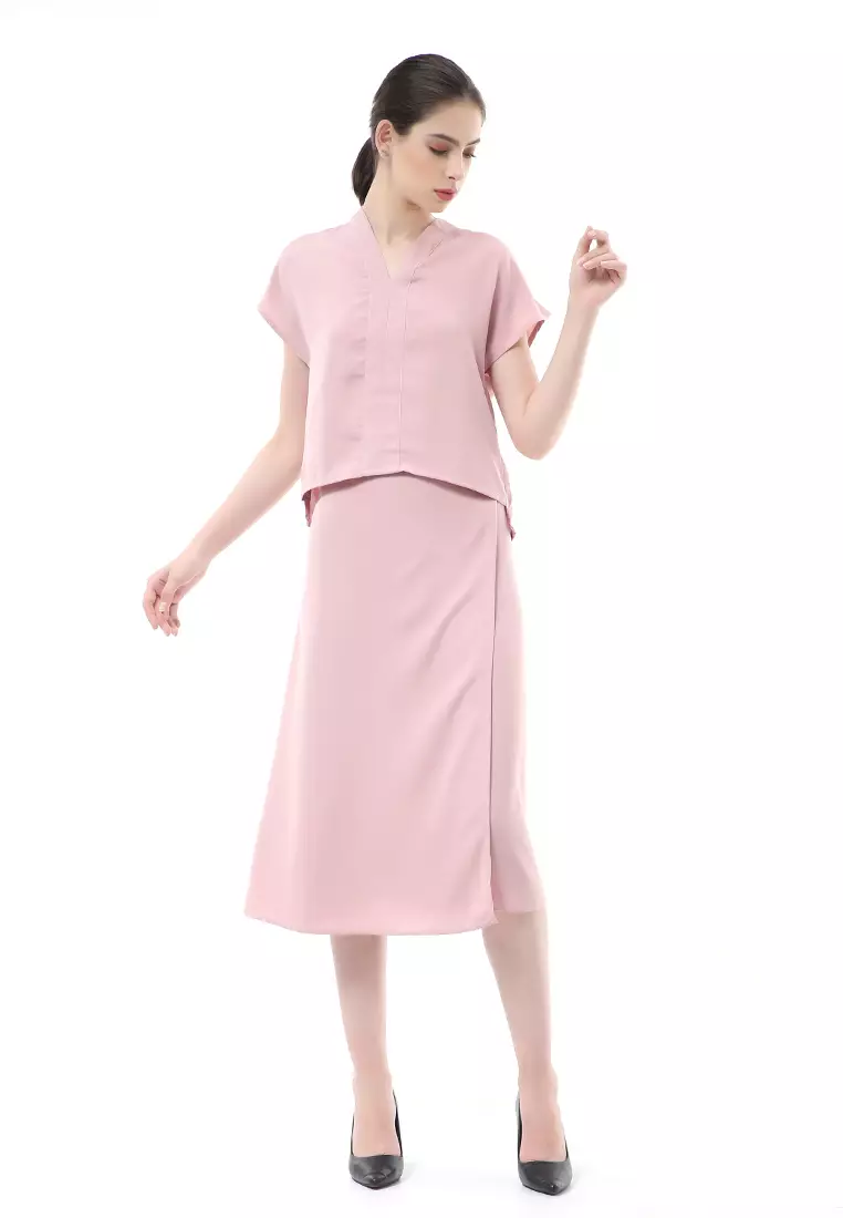Nayra Setelan Baju & Rok Wanita One Set Adjustable Short Sleeve Material Dolce ORIGINAL - Soft Pink