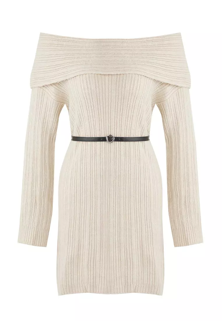 Stone Plain Mini Soft Texture Carmen Collar Knit Dress