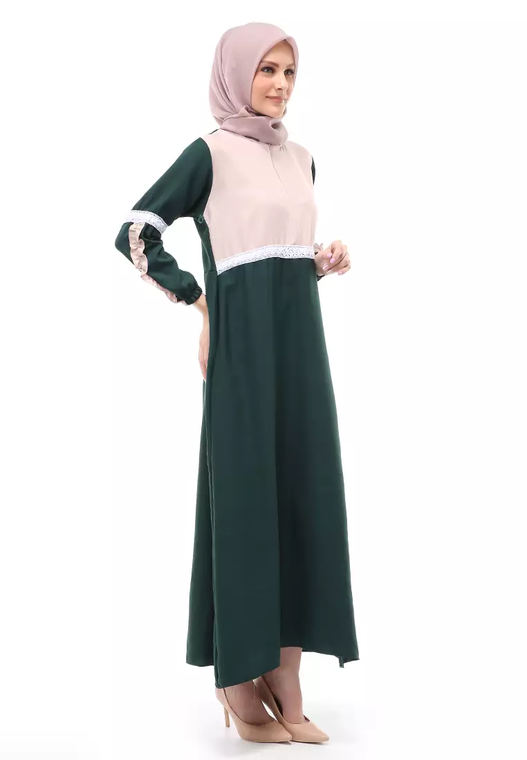 Velicia Gamis Muslimah Wanita Motif Polos Long Sleeve Regular Fit - Hijau Botol