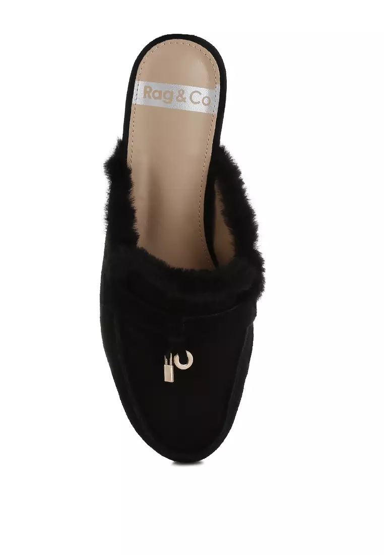 Suede & Faux Fur Slip-On Mules in Black