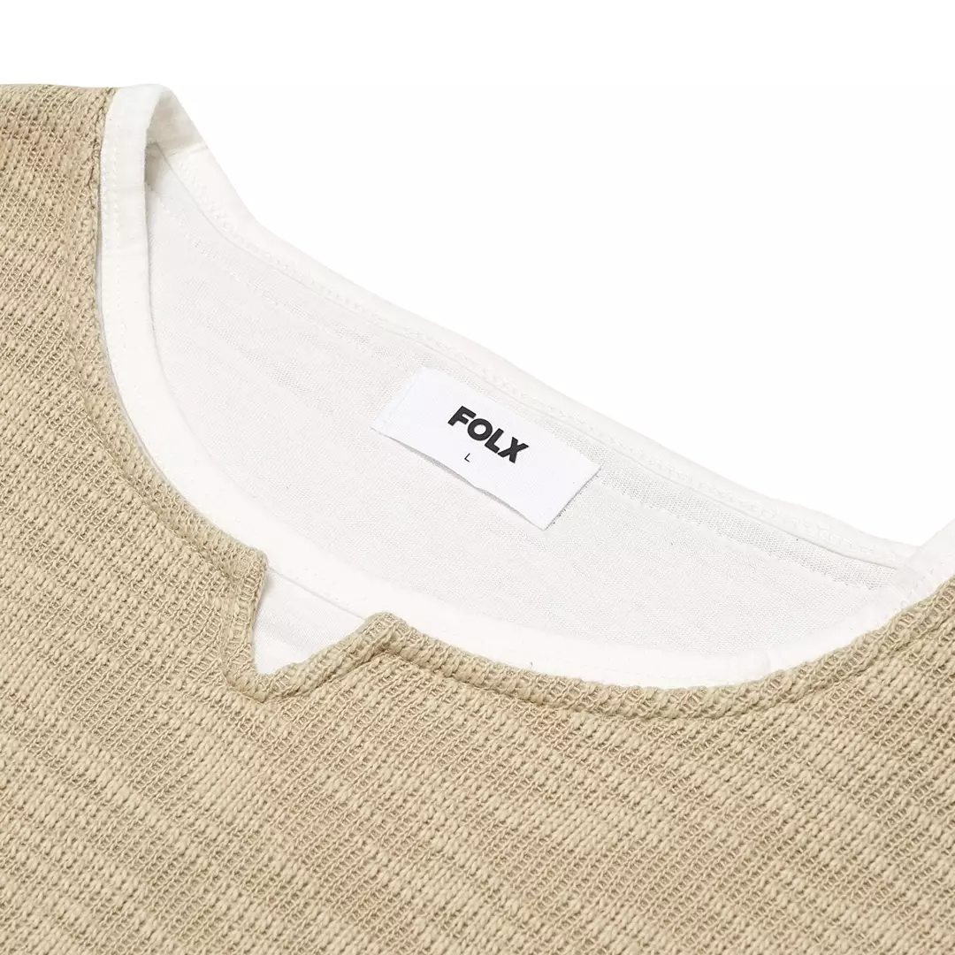 U Collar Faux Layered Long Sleeve T-Shirt Cream