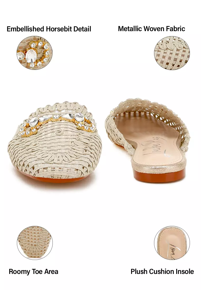 Metallic Woven Diamante Mules in Beige