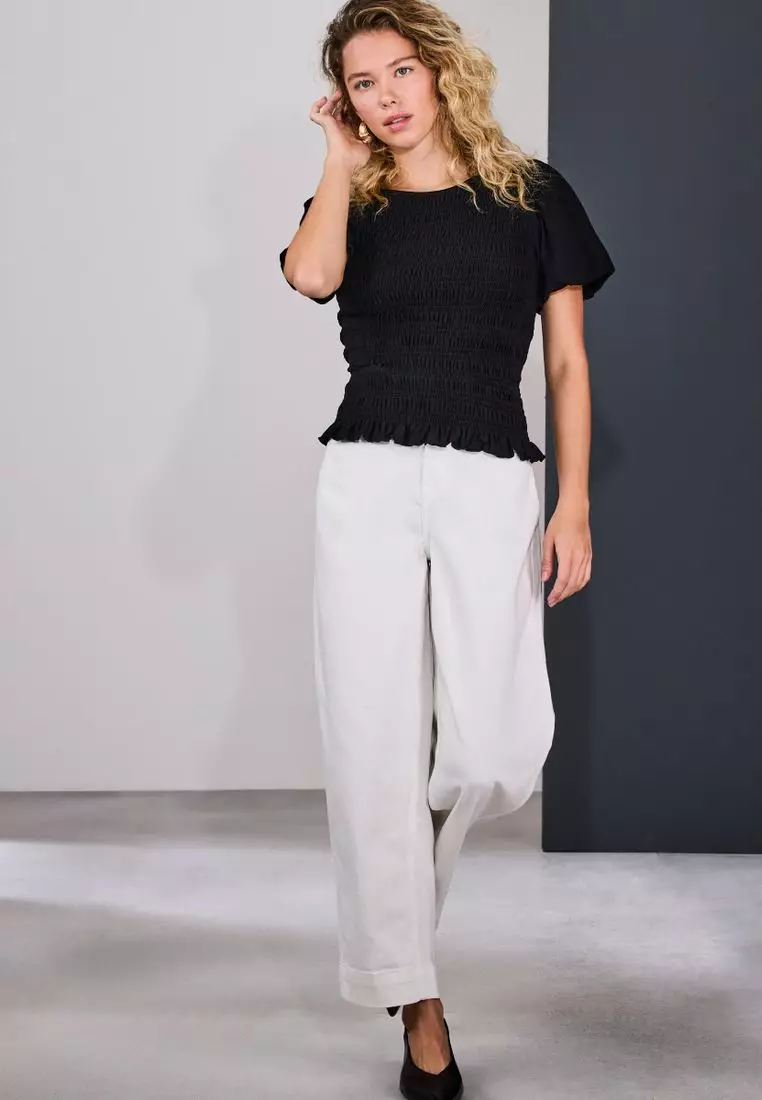 Shirred Short Sleeve Crew Neck Top