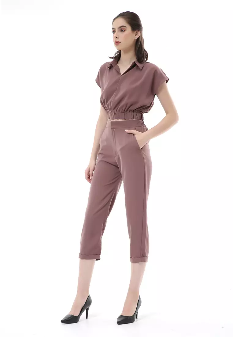 Nayra One Set Setelan Atasan Crop Karet Lengan Pendek Basic Pants Wanita Material Dolce ORIGINAL - Chocolate