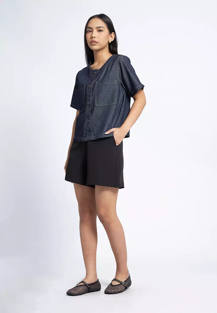 Boxy Denim Blouse with Pocket