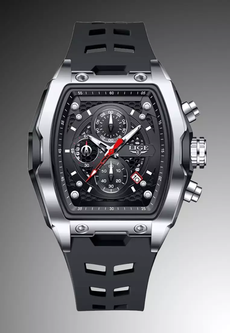 男女通用計時酒桶形塑膠和金屬合金石英錶，橡膠錶帶