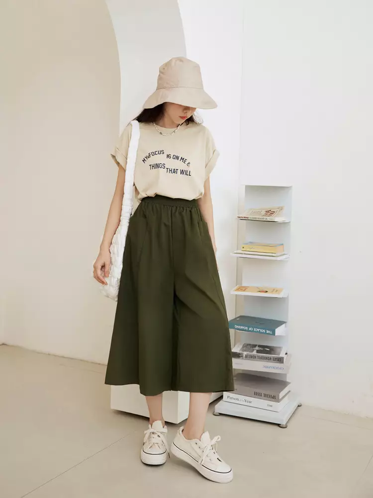 Cotton Elastic Waist Wide-Leg Cropped Trousers [BA3858]