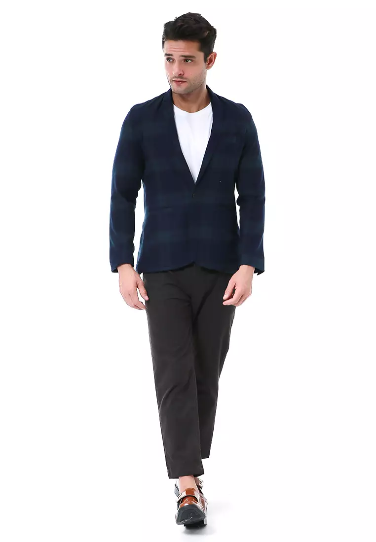 Elard Outerwear Pria Blazer Formal Lengan Panjang Plaid Motive Material Wool ORIGINAL - Green Navy