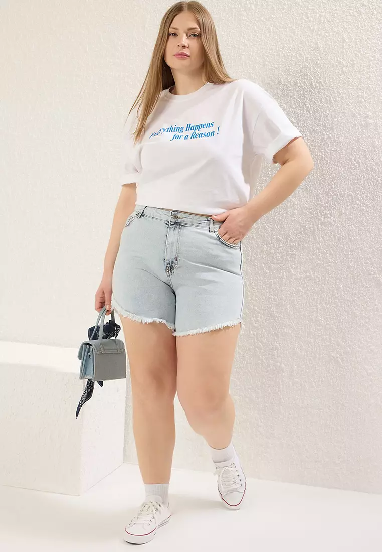 Ice Blue Tasseled Stretchy Skinny Denim Shorts & Bermuda TBBSS23CJ00016