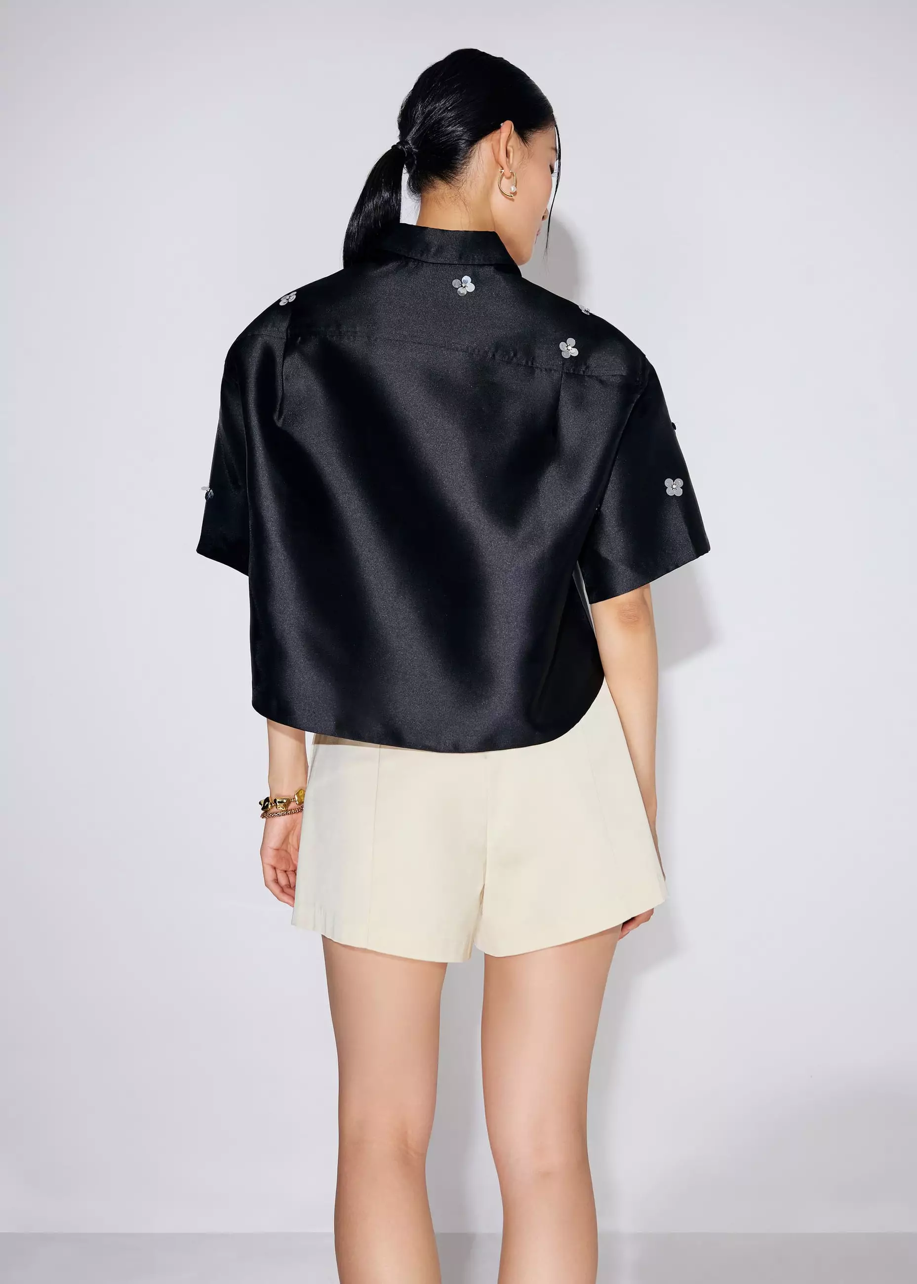 Atasan Wanita - Embellished Satin Collared Boxy Crop Shirt