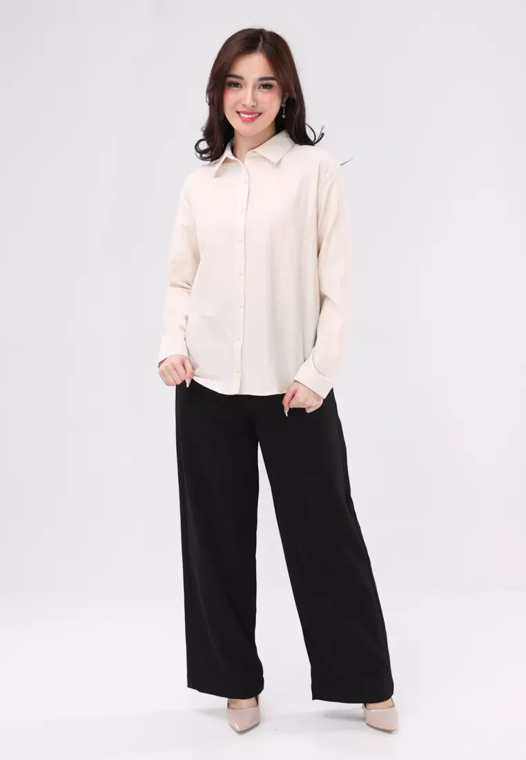 2 Tone Poly Woven Long Sleeves Collared Blouse