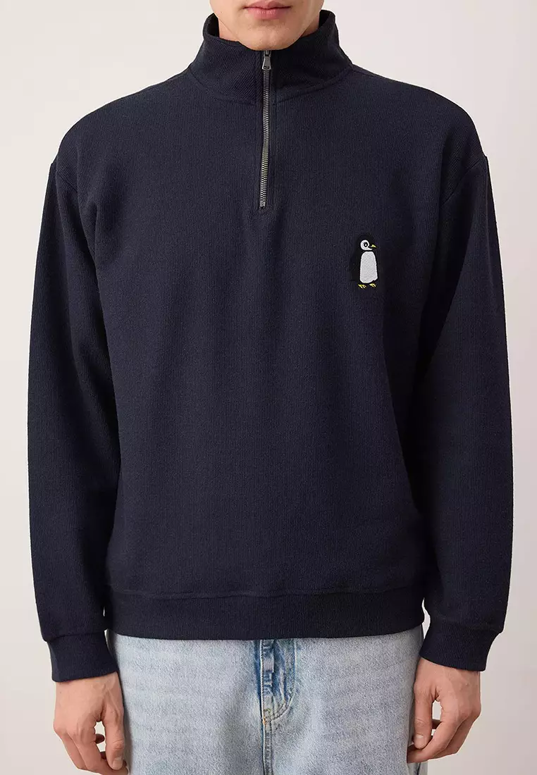 Navy Blue New Oversize/Wide Cut Penguin Embroidered Textured Stand Collar Sweatshirt