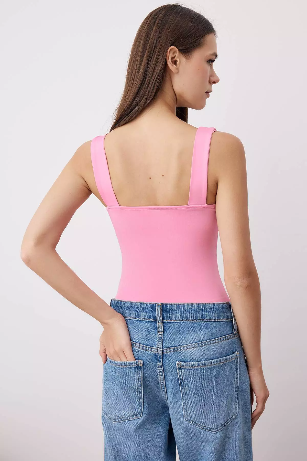 Pink Fitted/Fits The Body Back Detailed Square Neck Snap-Front Flexible Knitted Bodysuit