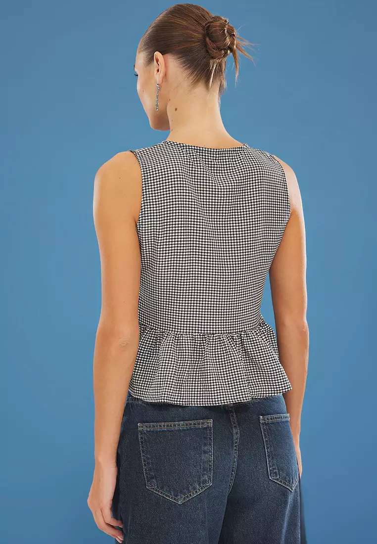 Black Gingham Front Tie Detail Woven Blouse