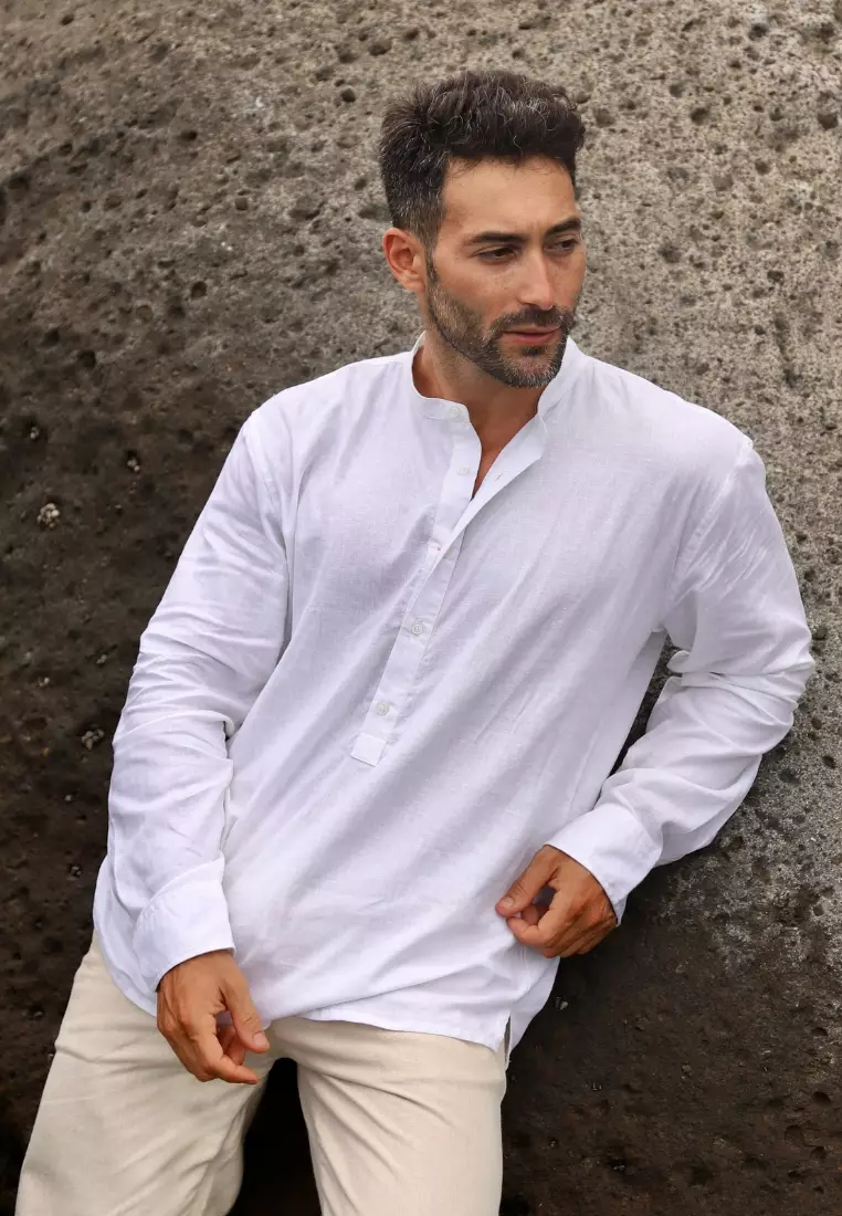 Aqaba Kemeja Linen Lengan Panjang Pria Putih | Linen Long Sleeve Shirt Men White