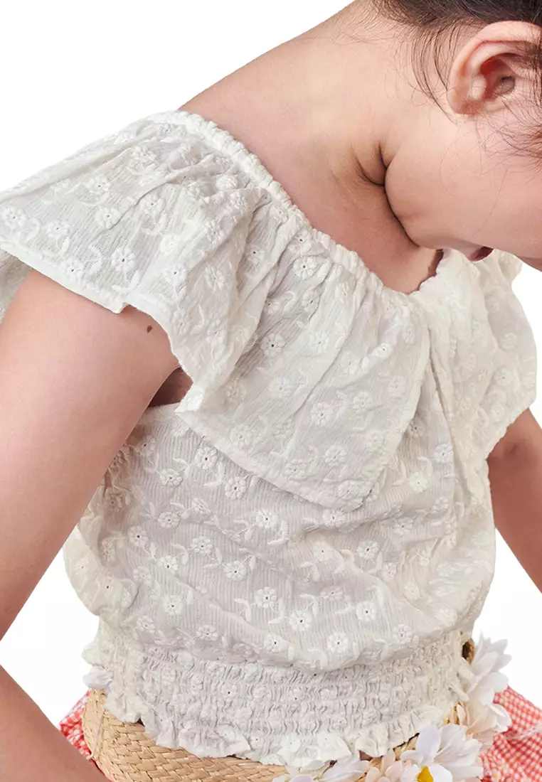 Felicia Embroidered Top With Wide Ruffled Neckline