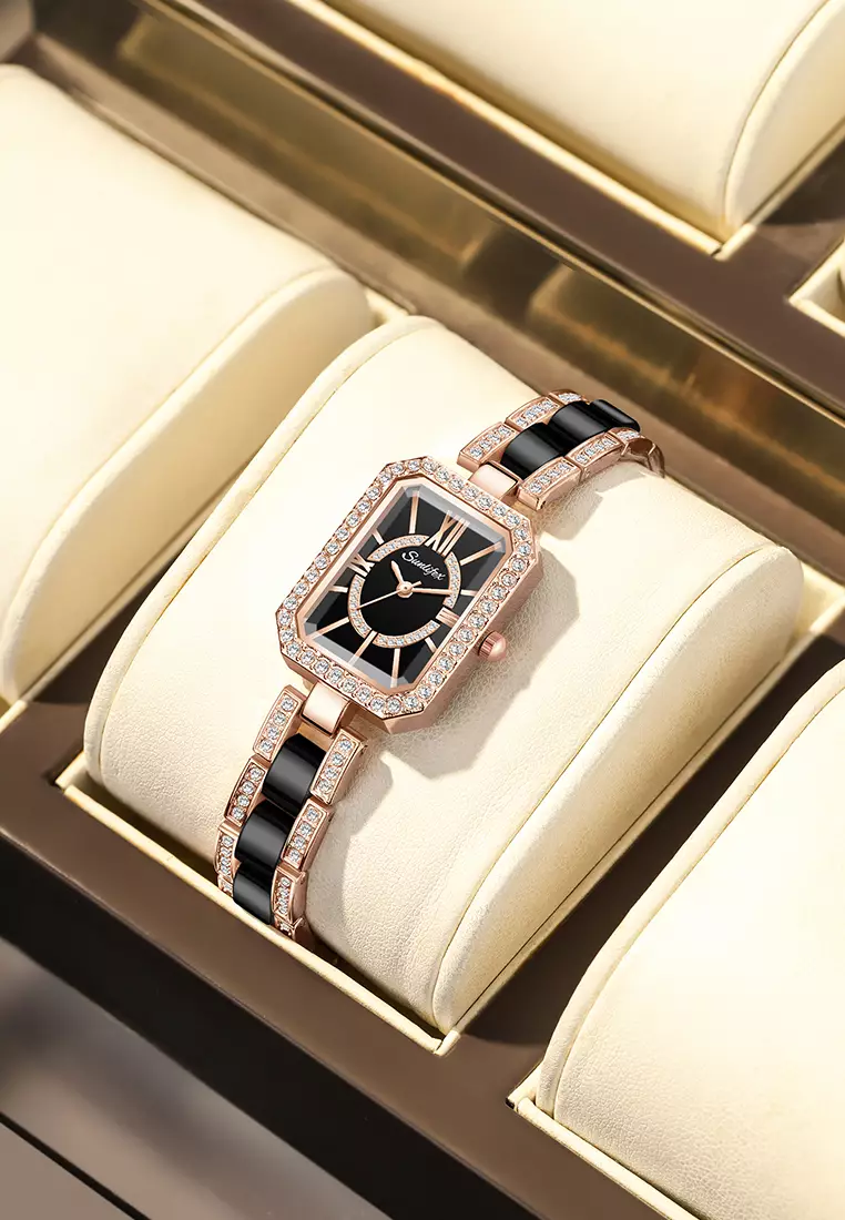 Jam Tangan Wanita Original Korea Kuasar Berlian Square Tali Stainless Steel Anti Air Jam Tangan Cewek black