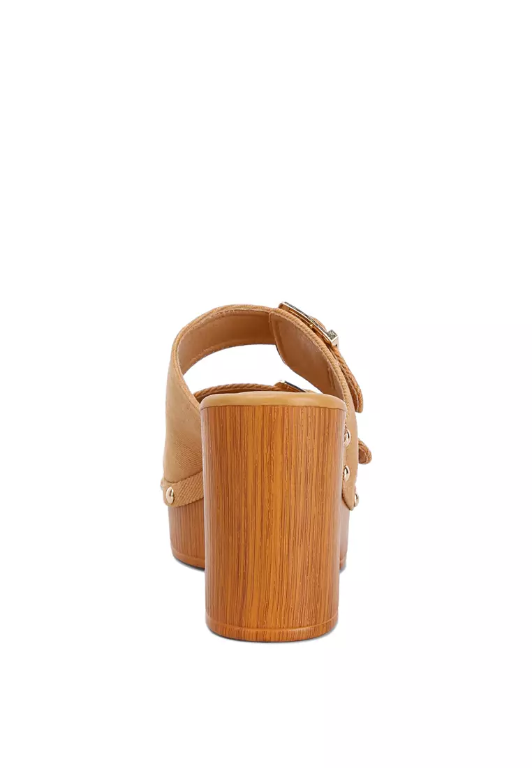 Tan Buckle Straps High Block Heel Clogs