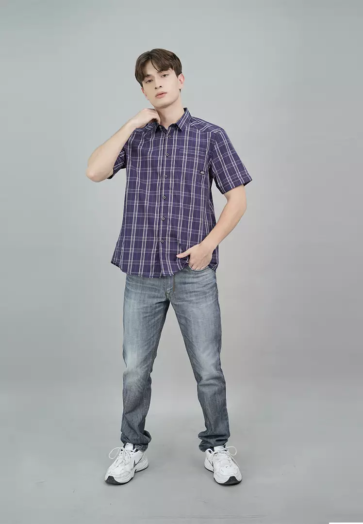 LGS - Kemeja Casual Pria Lengan Pendek Motif Kotak-Kotak Warna Ungu Slim Fit - JSH.390.S1194F.936.C