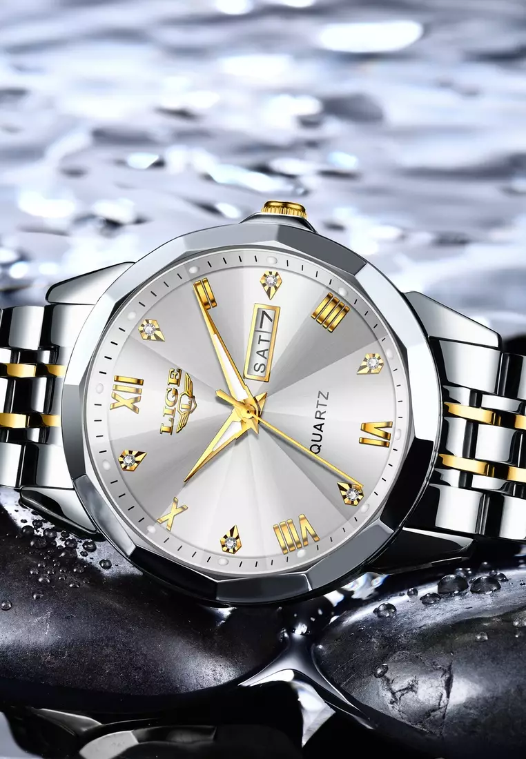 Unisex Stainless Steel Quartz Watch, Grey Dial, Day/Date, Stainless Steel Bracelet